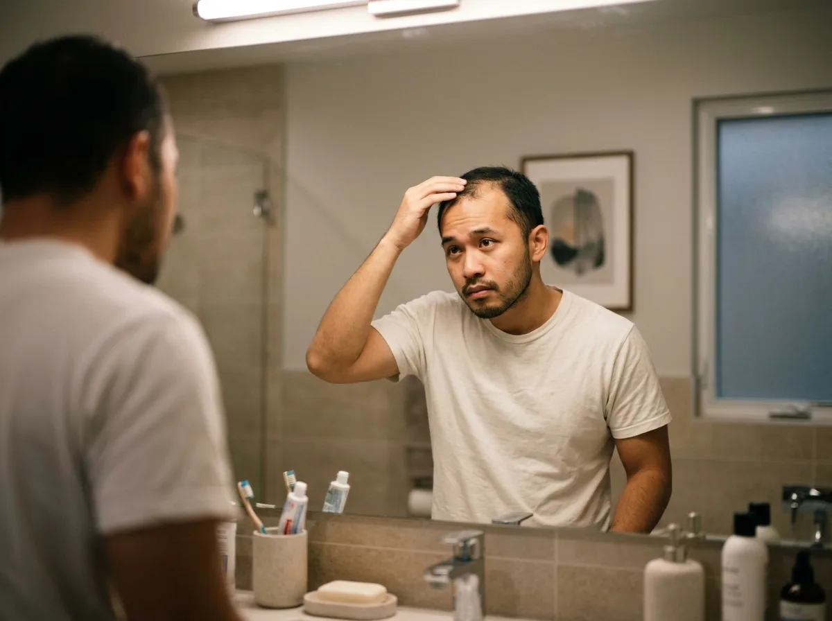 Man self-consciously touching his hair while friends take photos