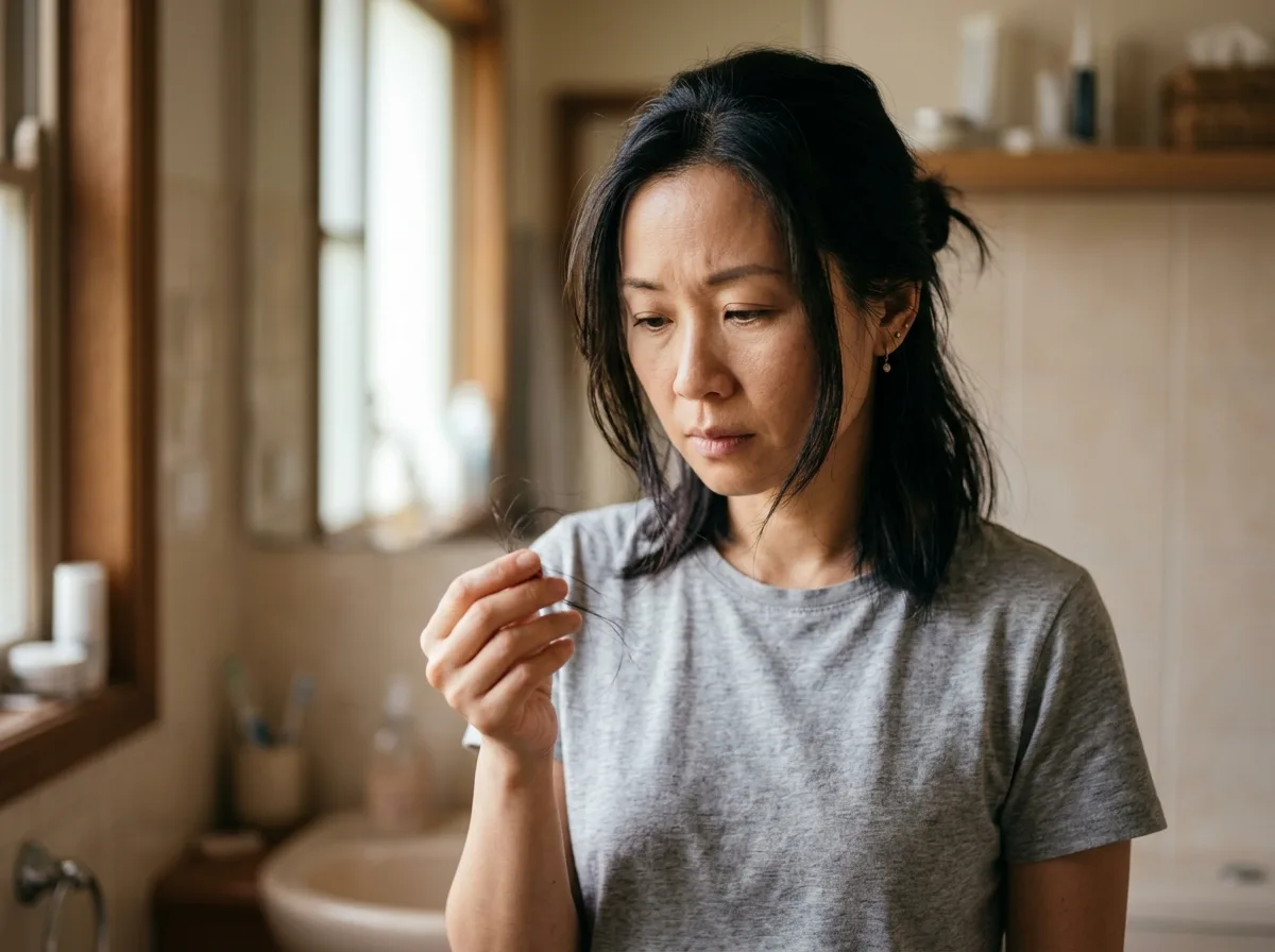 Woman looking at hair strands in her hand with a worried expression